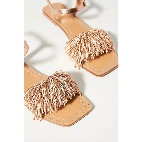New Anthropologie Maeve Rose Gold Fringe Beaded Sandals Size 9