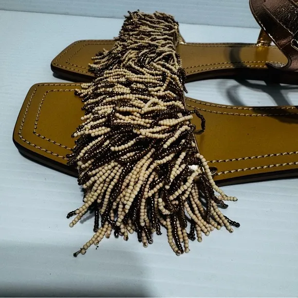 New Anthropologie Maeve Rose Gold Fringe Beaded Sandals Size 9