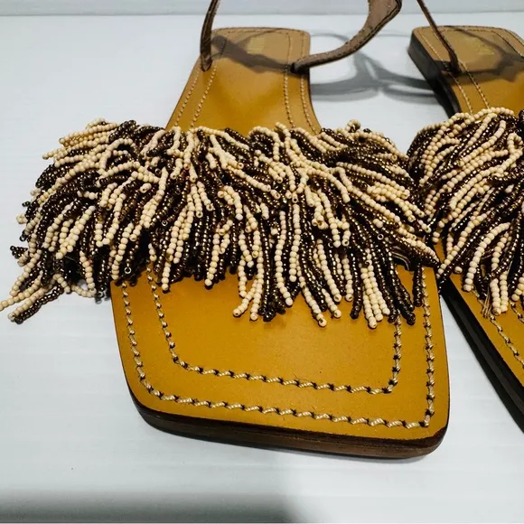 New Anthropologie Maeve Rose Gold Fringe Beaded Sandals Size 9