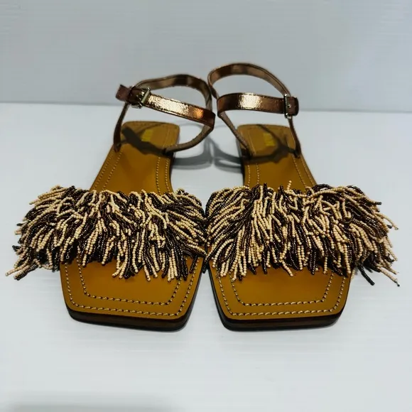 New Anthropologie Maeve Rose Gold Fringe Beaded Sandals Size 9
