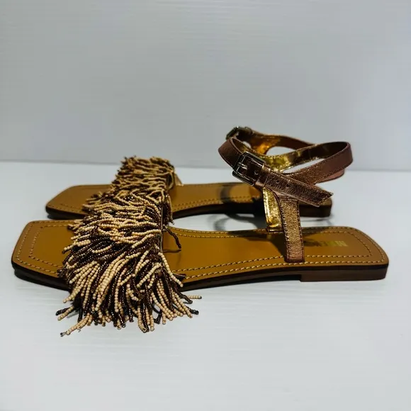 New Anthropologie Maeve Rose Gold Fringe Beaded Sandals Size 9