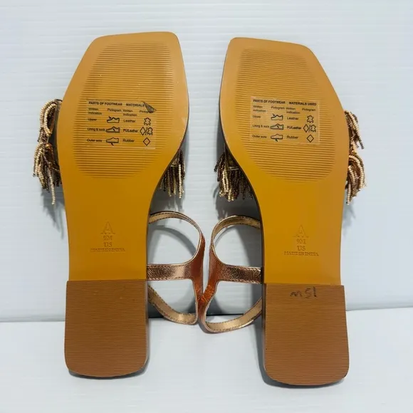 New Anthropologie Maeve Rose Gold Fringe Beaded Sandals Size 9