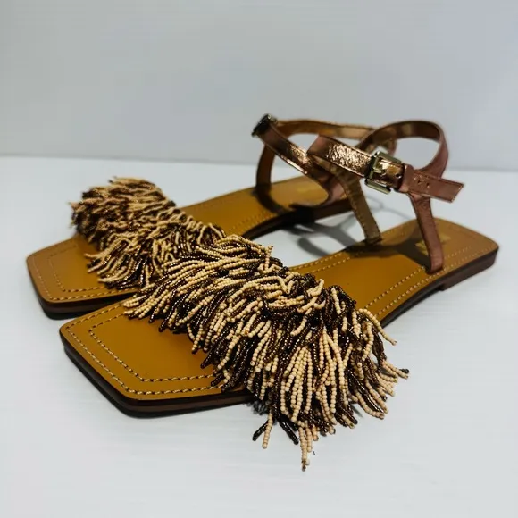 New Anthropologie Maeve Rose Gold Fringe Beaded Sandals Size 9