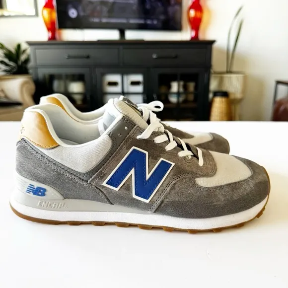 New Balance 574 Men's Size 8.5 Castlerock Team Royal Suede Shoes Rare Colorway
