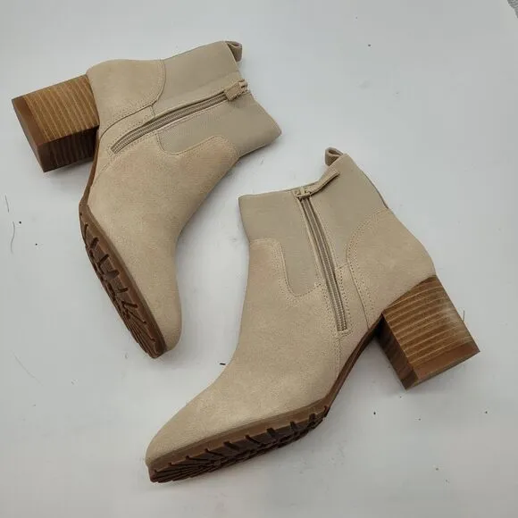 New Beige Leather ankle Boots Violet &amp; Red Loaded Stacked Heel Neutral Size 8.5