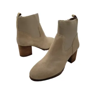New Beige Leather ankle Boots Violet &amp; Red Loaded Stacked Heel Neutral Size 8.5