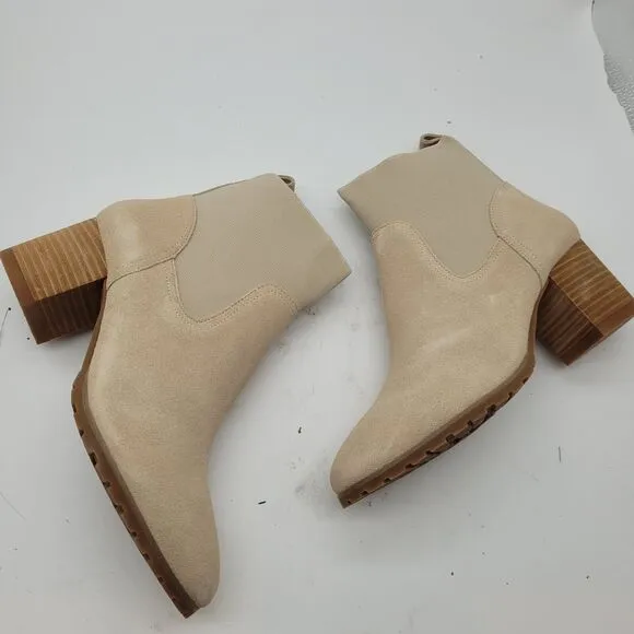 New Beige Leather ankle Boots Violet &amp; Red Loaded Stacked Heel Neutral Size 8.5