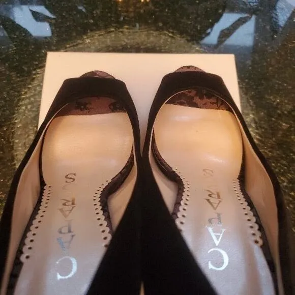 New Caparros Black Velvet Crystal Peep toe Heels Shoes Size 7 37.5