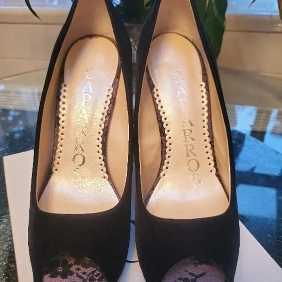 New Caparros Black Velvet Crystal Peep toe Heels Shoes Size 7 37.5