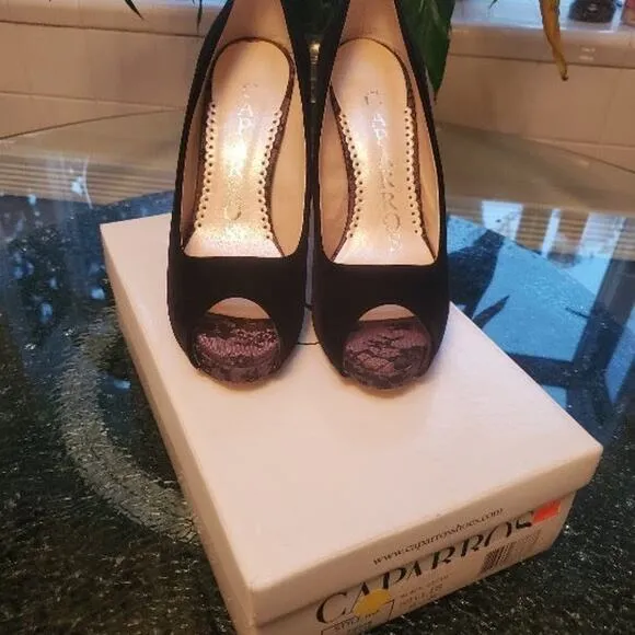 New Caparros Black Velvet Crystal Peep toe Heels Shoes Size 7 37.5