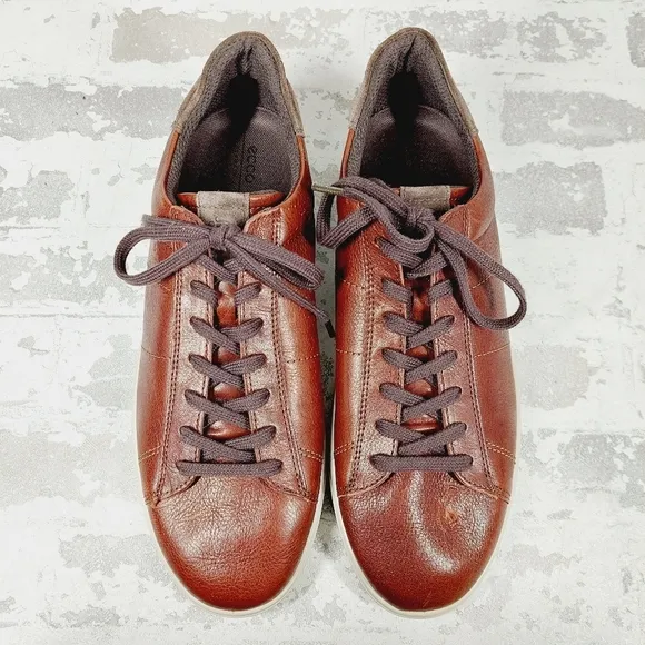 NEW ECCO Brown Leather Lace Up Round Toe Casual Trainer Sneakers V44