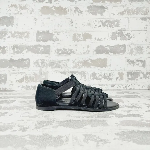 NEW Eileen Fisher Rato Black Suede Leather Elastic Casual Gladiator Sandals E885