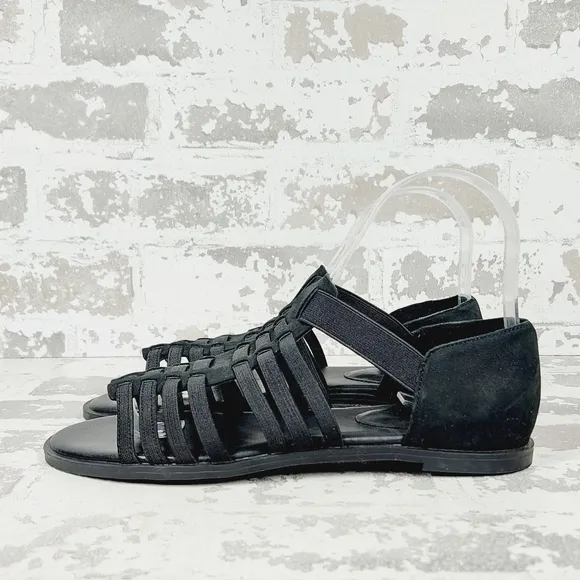 NEW Eileen Fisher Rato Black Suede Leather Elastic Casual Gladiator Sandals E885
