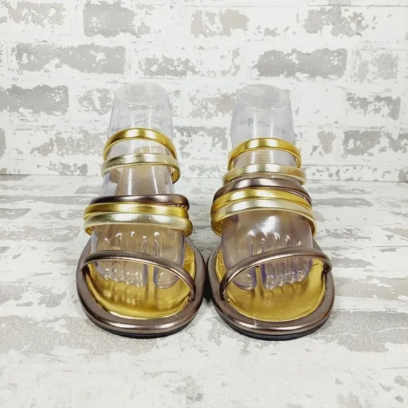 New Farm Rio  Block Heel Slide Gold Silver Strappy Sandal D1014