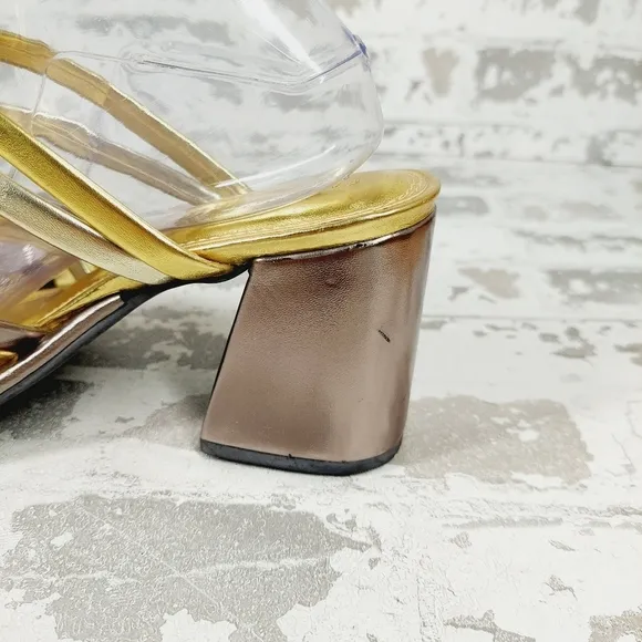 New Farm Rio  Block Heel Slide Gold Silver Strappy Sandal D1014