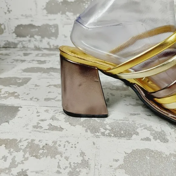 New Farm Rio  Block Heel Slide Gold Silver Strappy Sandal D1014