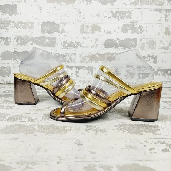 New Farm Rio  Block Heel Slide Gold Silver Strappy Sandal D1014