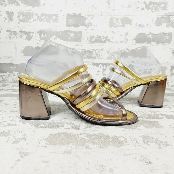 New Farm Rio  Block Heel Slide Gold Silver Strappy Sandal D1014