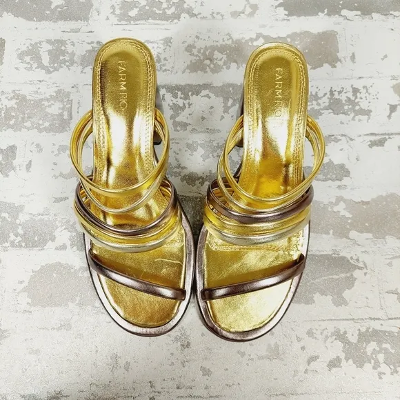 New Farm Rio  Block Heel Slide Gold Silver Strappy Sandal D1014