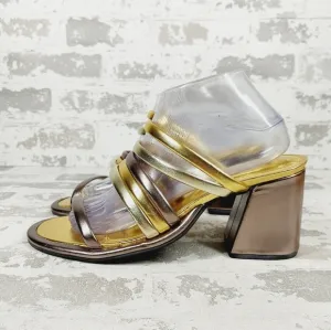 New Farm Rio  Block Heel Slide Gold Silver Strappy Sandal D1014