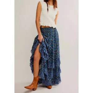 NEW FREE PEOPLE brynn printed maxi skirt in chambray combo- ditsy