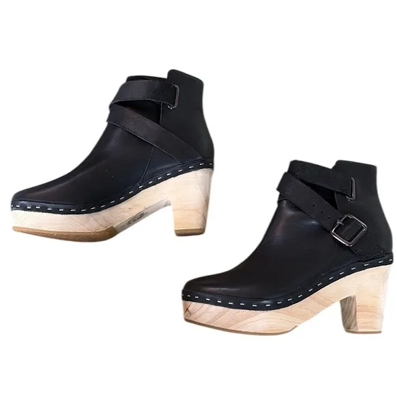 NEW Free People Bungalow Black Leather Clog Ankle Boots Booties - 7.5