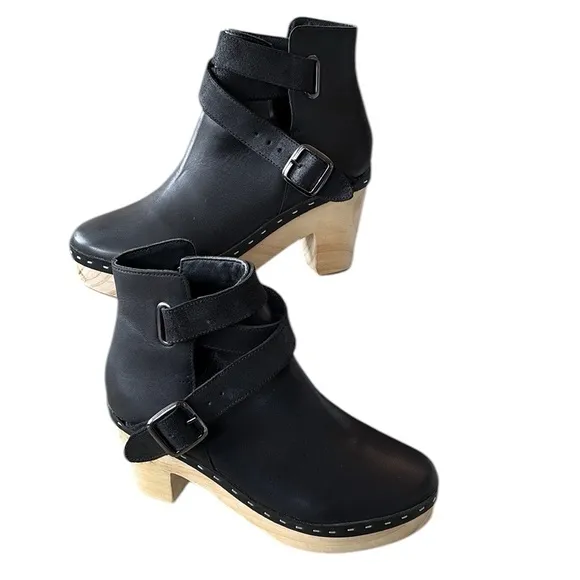NEW Free People Bungalow Black Leather Clog Ankle Boots Booties - 7.5