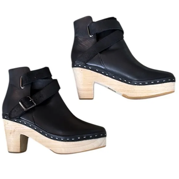 NEW Free People Bungalow Black Leather Clog Ankle Boots Booties - 7.5