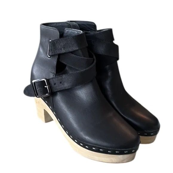 NEW Free People Bungalow Black Leather Clog Ankle Boots Booties - 7.5