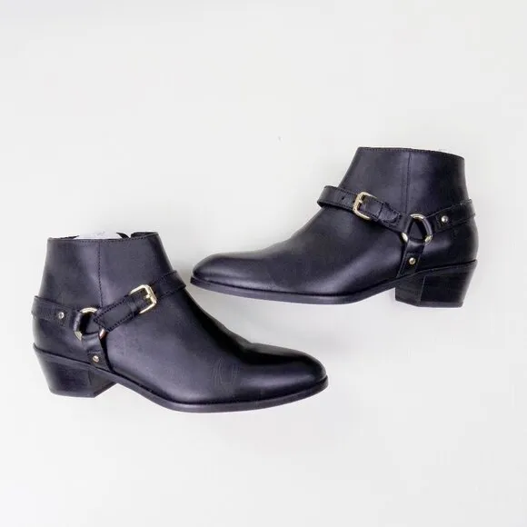 new! J. crew ankle booties leather moto zip up gold hardware straps buckles
