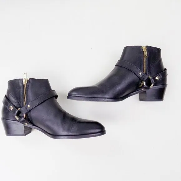 new! J. crew ankle booties leather moto zip up gold hardware straps buckles