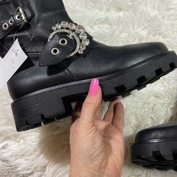 NEW KARL LAGERFELD PARISWomen's Marceau Embellished Black Leather Buckle Boots