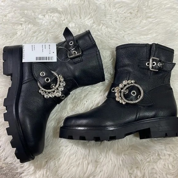 NEW KARL LAGERFELD PARISWomen's Marceau Embellished Black Leather Buckle Boots