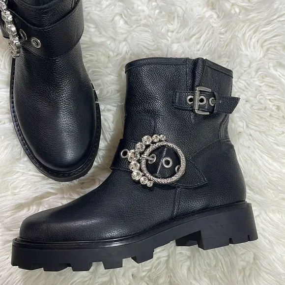 NEW KARL LAGERFELD PARISWomen's Marceau Embellished Black Leather Buckle Boots