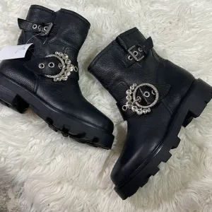 NEW KARL LAGERFELD PARISWomen's Marceau Embellished Black Leather Buckle Boots