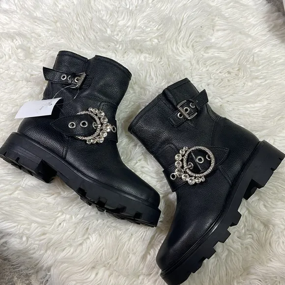 NEW KARL LAGERFELD PARISWomen's Marceau Embellished Black Leather Buckle Boots