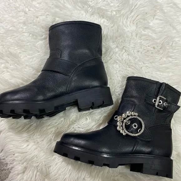 NEW KARL LAGERFELD PARISWomen's Marceau Embellished Black Leather Buckle Boots