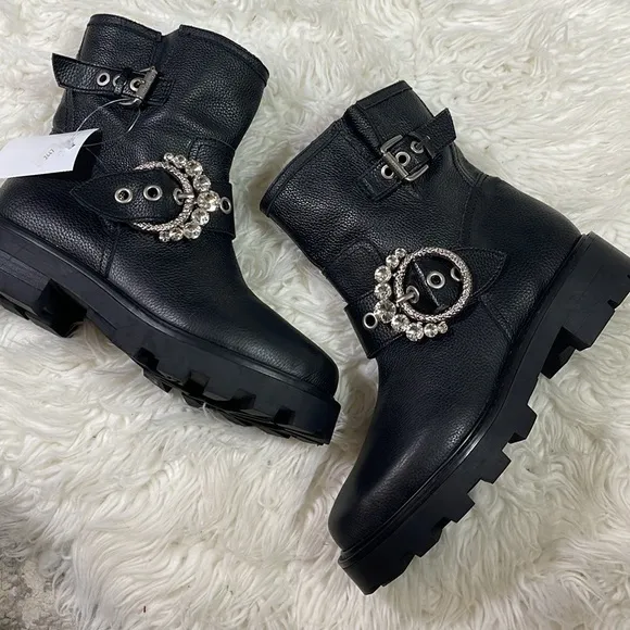 NEW KARL LAGERFELD PARISWomen's Marceau Embellished Black Leather Buckle Boots