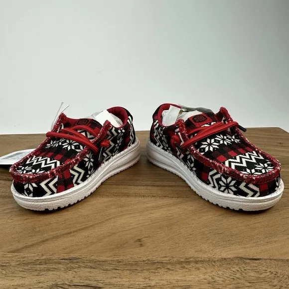 New Little Kids Hey Dude Wally Toddler Ugly Sweater Black/Red/Wht Shoes Size 6 C