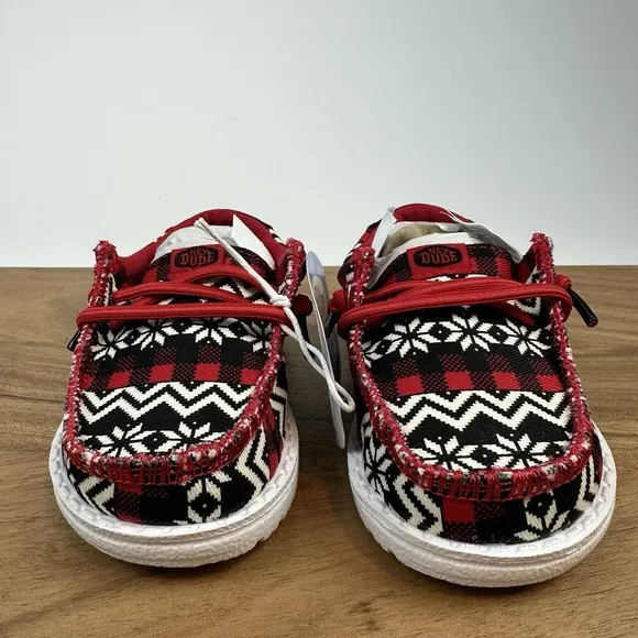 New Little Kids Hey Dude Wally Toddler Ugly Sweater Black/Red/Wht Shoes Size 6 C