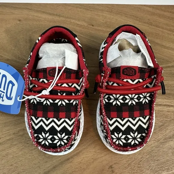 New Little Kids Hey Dude Wally Toddler Ugly Sweater Black/Red/Wht Shoes Size 6 C