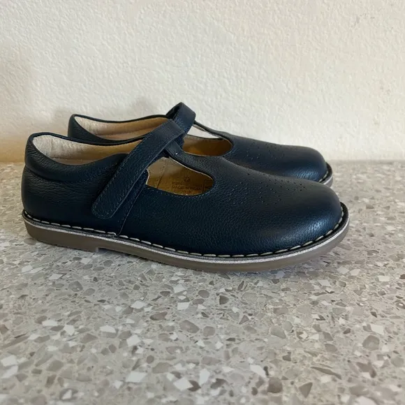 New Mini Boden Leather T-bar Flats Navy Blue (36)US 4 youth