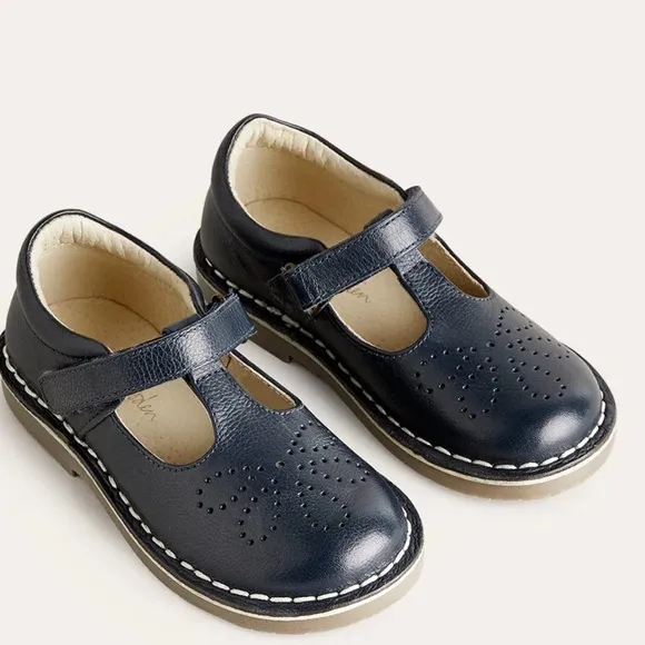 New Mini Boden Leather T-bar Flats Navy Blue (36)US 4 youth