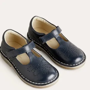 New Mini Boden Leather T-bar Flats Navy Blue (36)US 4 youth