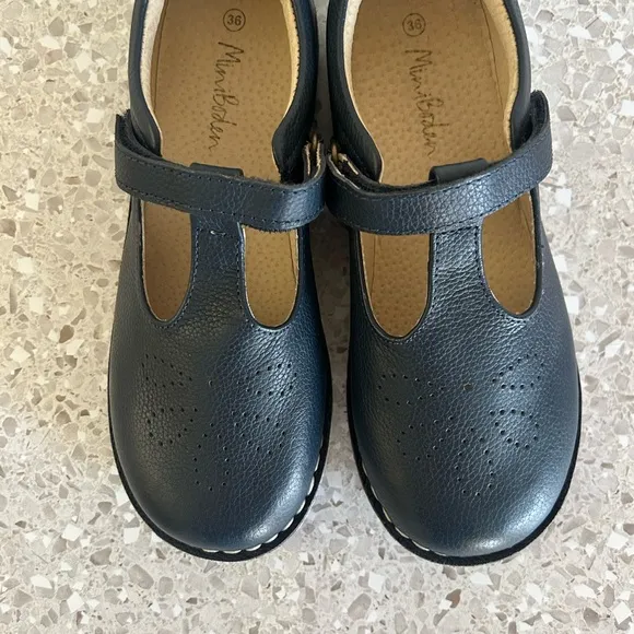 New Mini Boden Leather T-bar Flats Navy Blue (36)US 4 youth