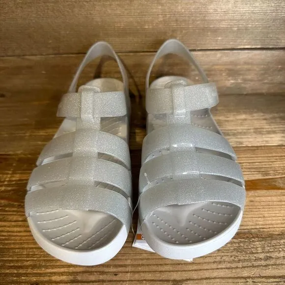 New NWT Big Kids Crocs Isabella Gray Sparkle‎ Jelly Flats Shoes Sandals Size 3 Y
