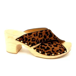 NEW Paige Leopard Sandals Womens 9 Contemporary Chic Retro Wooden Clog Neutral