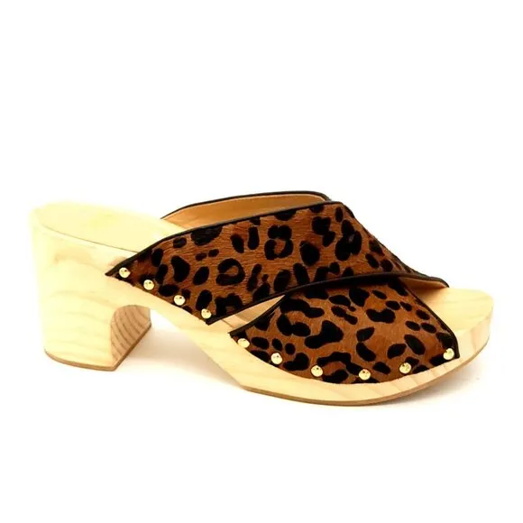 NEW Paige Leopard Sandals Womens 9 Contemporary Chic Retro Wooden Clog Neutral