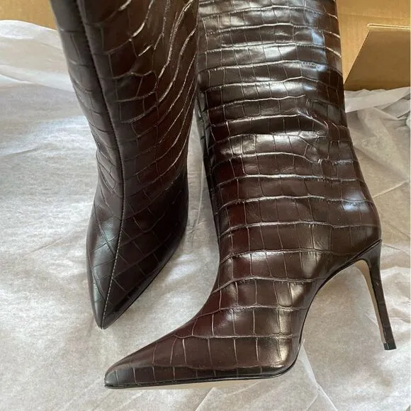 New Schutz Maryanna boots brown croc high heels knee high shoes Revolve 7.5