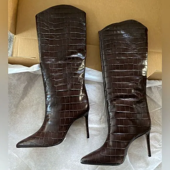 New Schutz Maryanna boots brown croc high heels knee high shoes Revolve 7.5